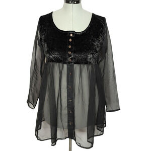 Juays button front black velvet and sheer tunic top, size medium, Gothic